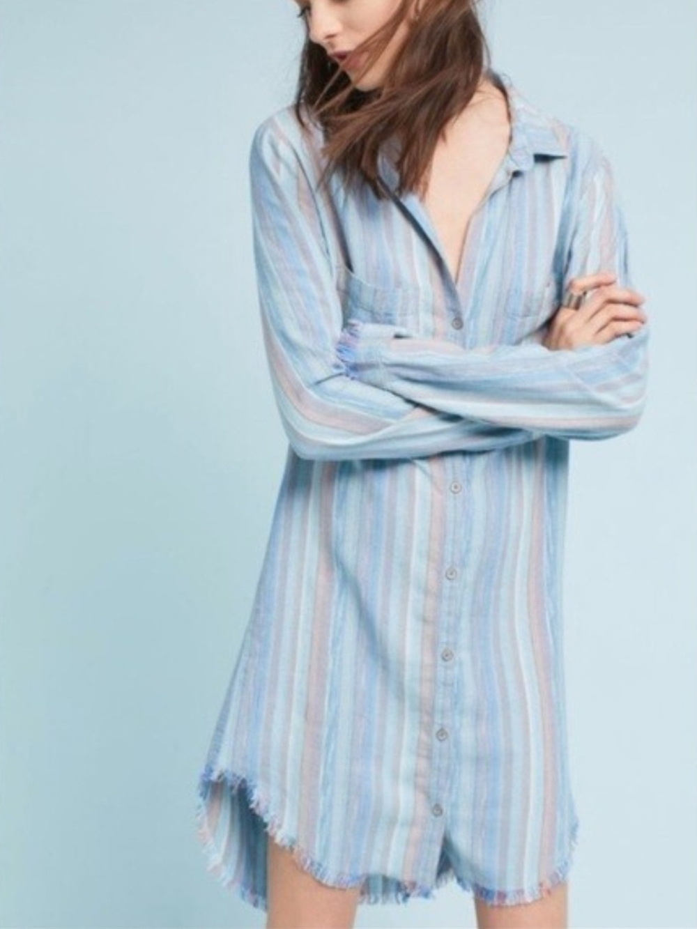 Cloth & Stone Anthropologie Multi Pastel Stripe Raw-Hem Shirtdress XS
